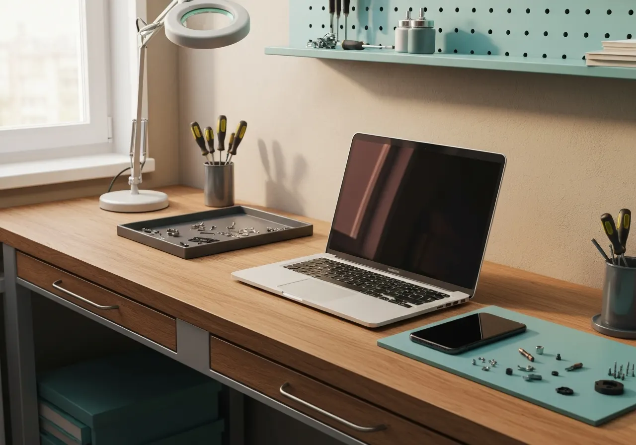 Atelier ORDiDOC : laptop ouvert et outils de réparation